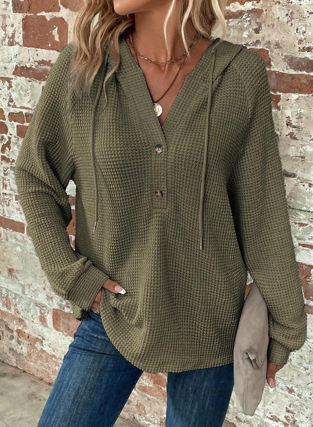 Waffle Hooded Sweater Sweatshirt Fashion Casual Long-sleeved Drawstring V-neck Buttons Top Women's Clothing