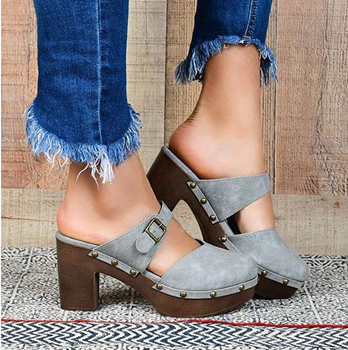 Baotou Backspace Thick Heel Simple Wild Lazy Lady Sandals And Slippers Single Shoes