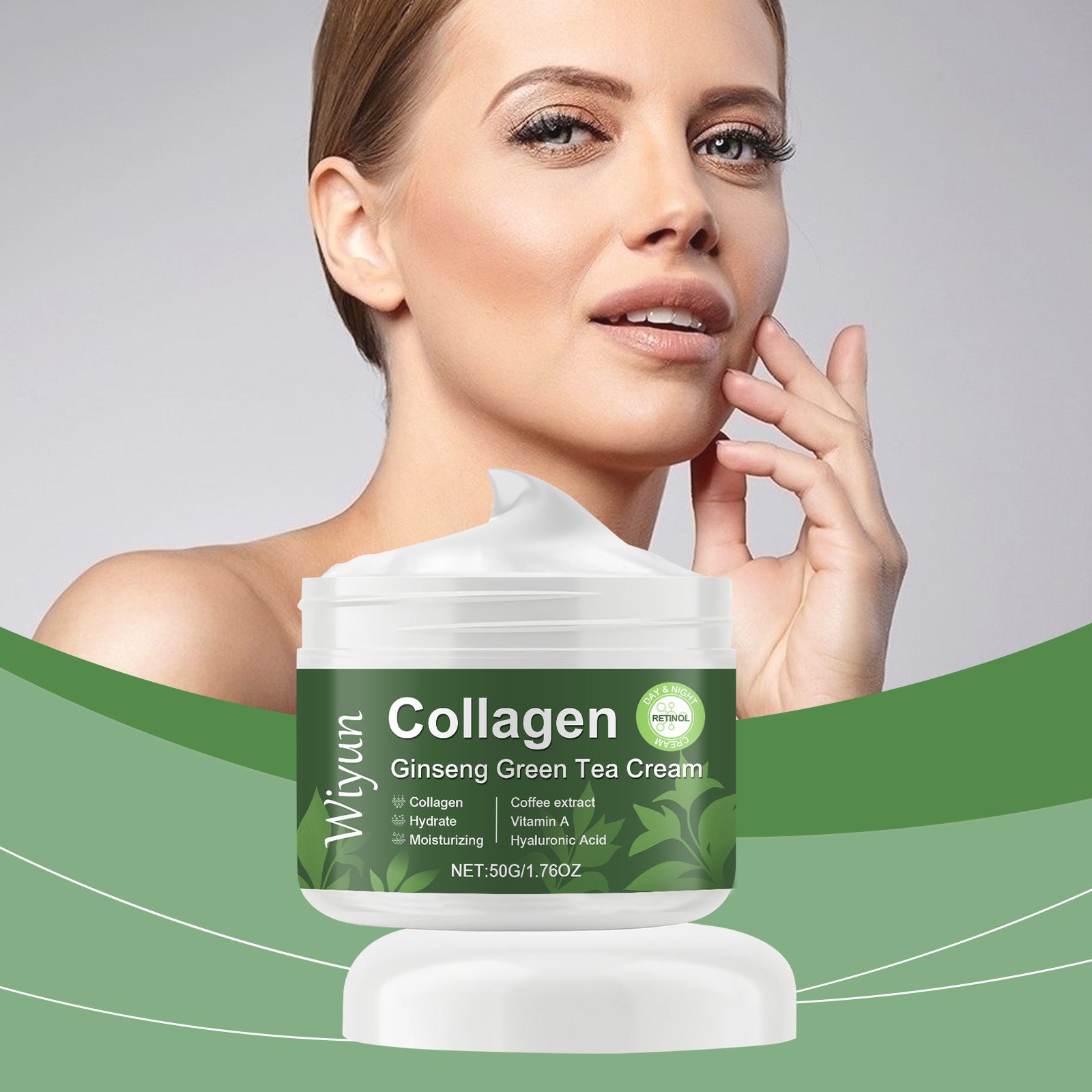 Wiyun Collagen Ginseng Green Tea Moisturizing Cream, Moisturizing Face Cream Moisturizing Brightening Skin Hydrating Firming Skin Cream