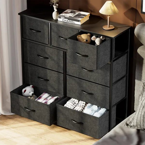 Dresser For Bedroom With 9 Fabric Storage Drawer Wardrobe Tall Chest Organizer Closet Adult&Kids Clothes Cabinet Furniture