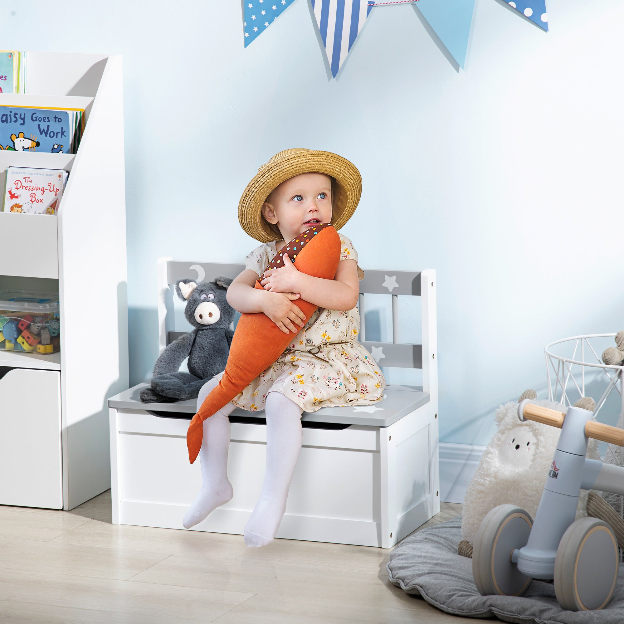 Toddler Toy Box Storage Bench with Large 27 L Interior, Kids Storage Bench Seat with Storage for Toddler Playroom Furniture, Kids Bedroom Furniture, Toy Organizer and Storage Bin, Gray
