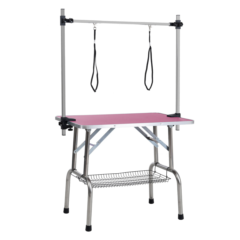 46  Folding Dog Pet Grooming Table Stainless Steel Frame Rubber Mat On Board With Adjustable Arm And Clamps Pet Dog Cat Grooming Table  PINK COLOR