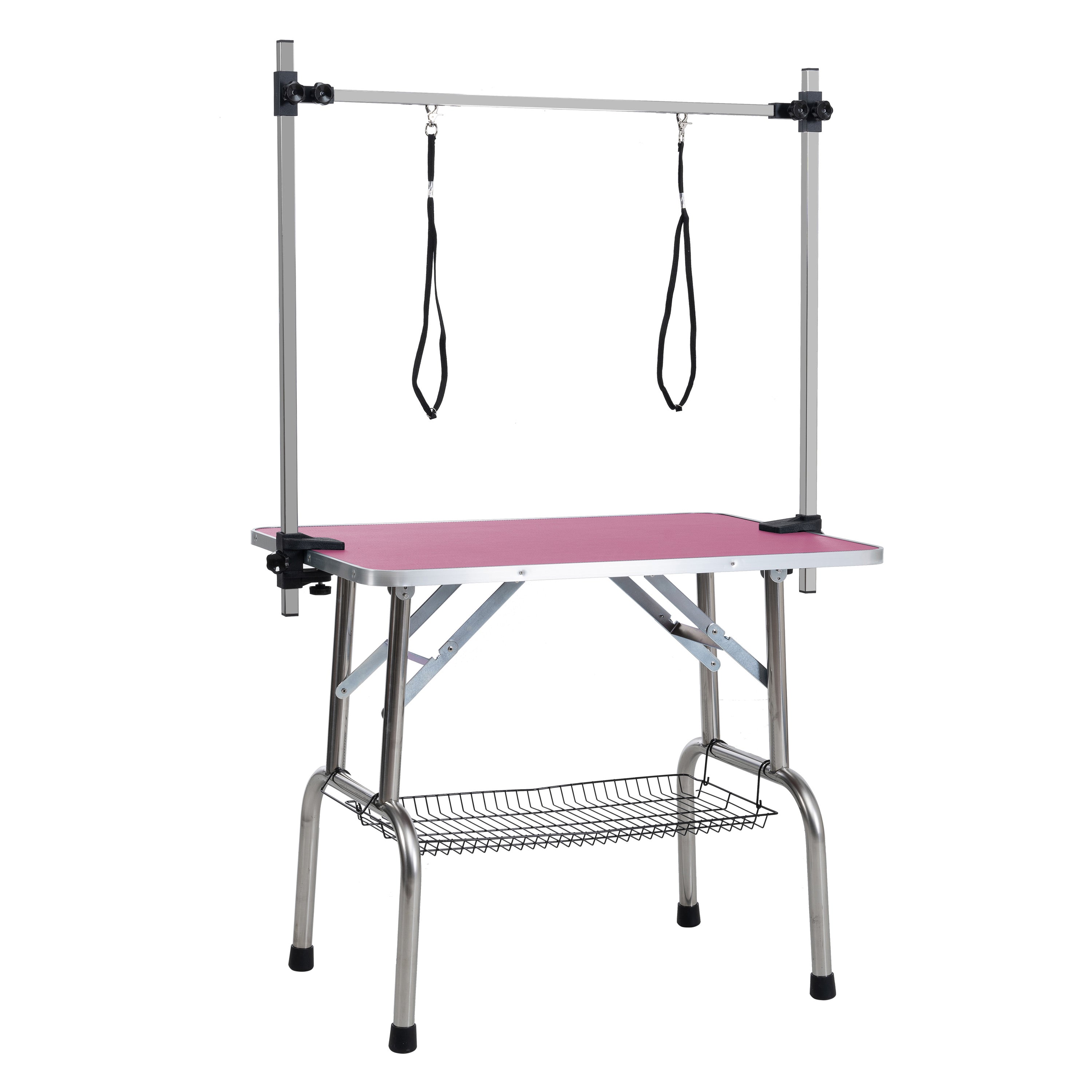 46  Folding Dog Pet Grooming Table Stainless Steel Frame Rubber Mat On Board With Adjustable Arm And Clamps Pet Dog Cat Grooming Table  PINK COLOR