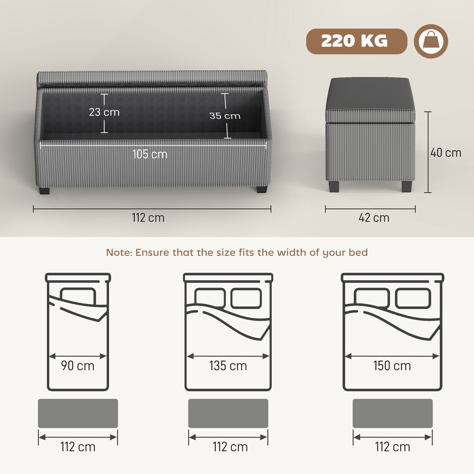 84L Corduroy Storage Ottoman - Grey