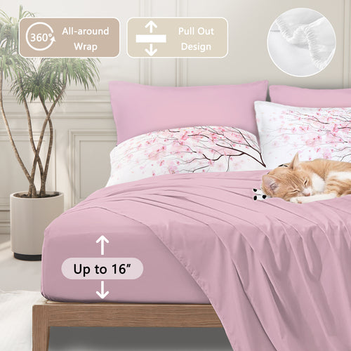 Cherry Blossom Pattern Comforter Set 8PCS Twin Size Soft Bedding Set,1 Comforter,1 Pilow Cover,1 Flat Sheet,1 Fitted Sheet,4 Cushion Cover
