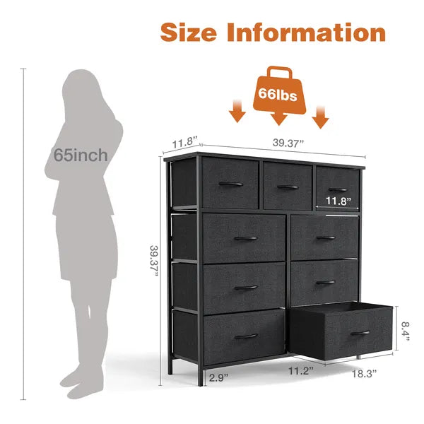 Dresser For Bedroom With 9 Fabric Storage Drawer Wardrobe Tall Chest Organizer Closet Adult&Kids Clothes Cabinet Furniture