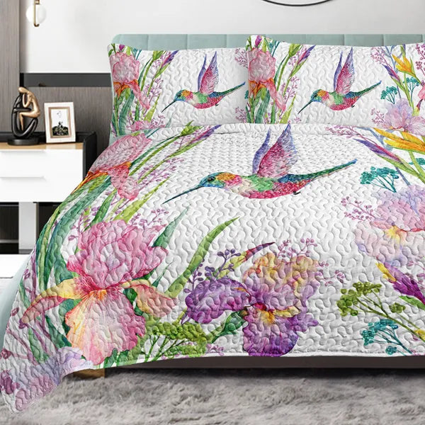 3pcs Colorful Bird Flower Design Quilt Set Soft Warm Bedding Set Include 1 Quilt And 2 Pillowcases For Home Bedroom Decor All Season