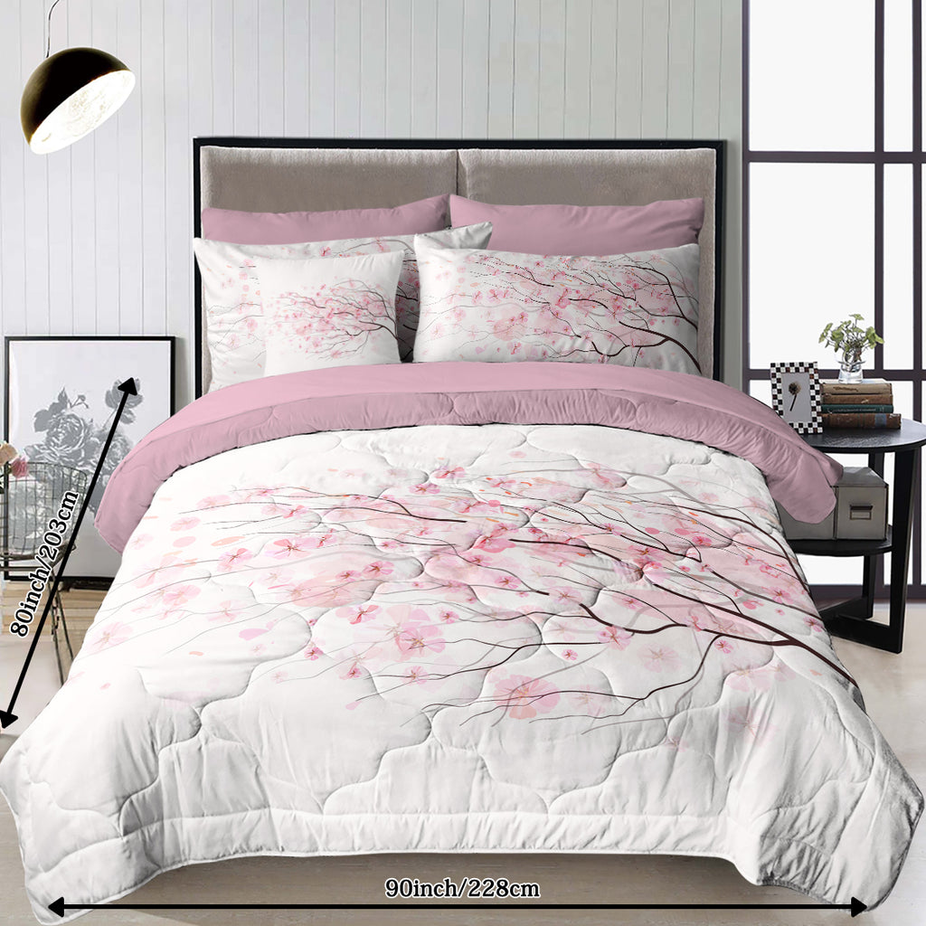 Cherry Blossom Pattern Comforter Set 8PCS Twin Size Soft Bedding Set,1 Comforter,1 Pilow Cover,1 Flat Sheet,1 Fitted Sheet,4 Cushion Cover