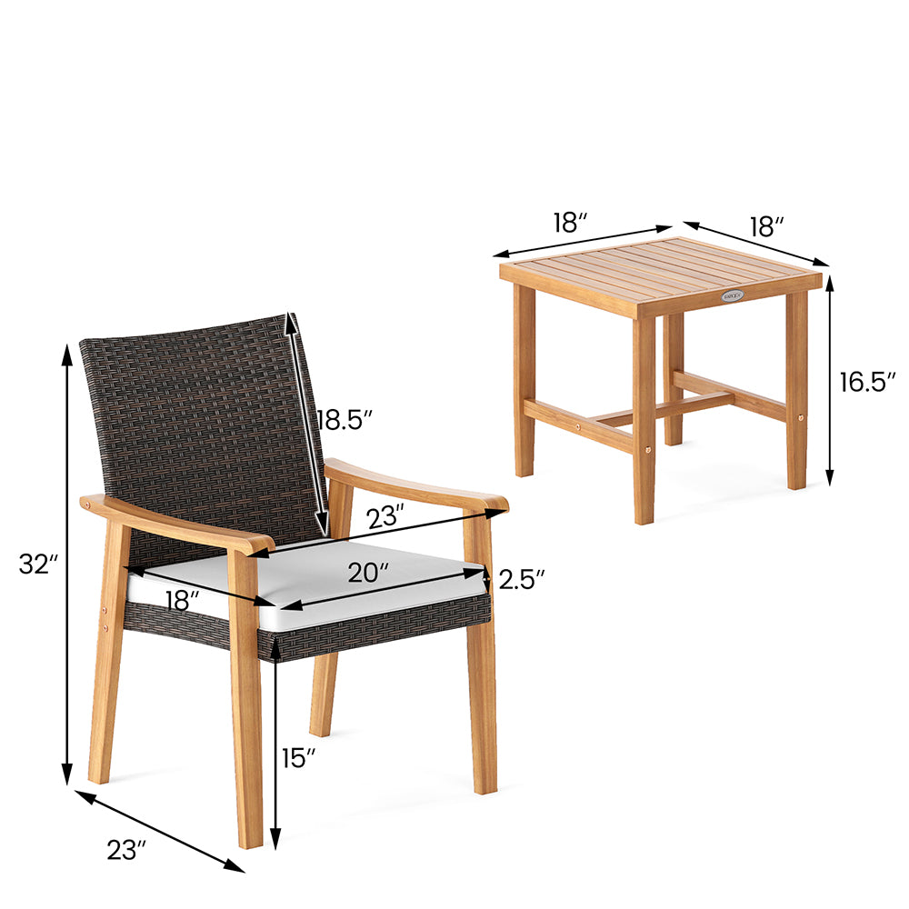 3 Pieces Patio PE Wicker Furniture Set Acacia Wood Outdoor Conversation Bistro Set