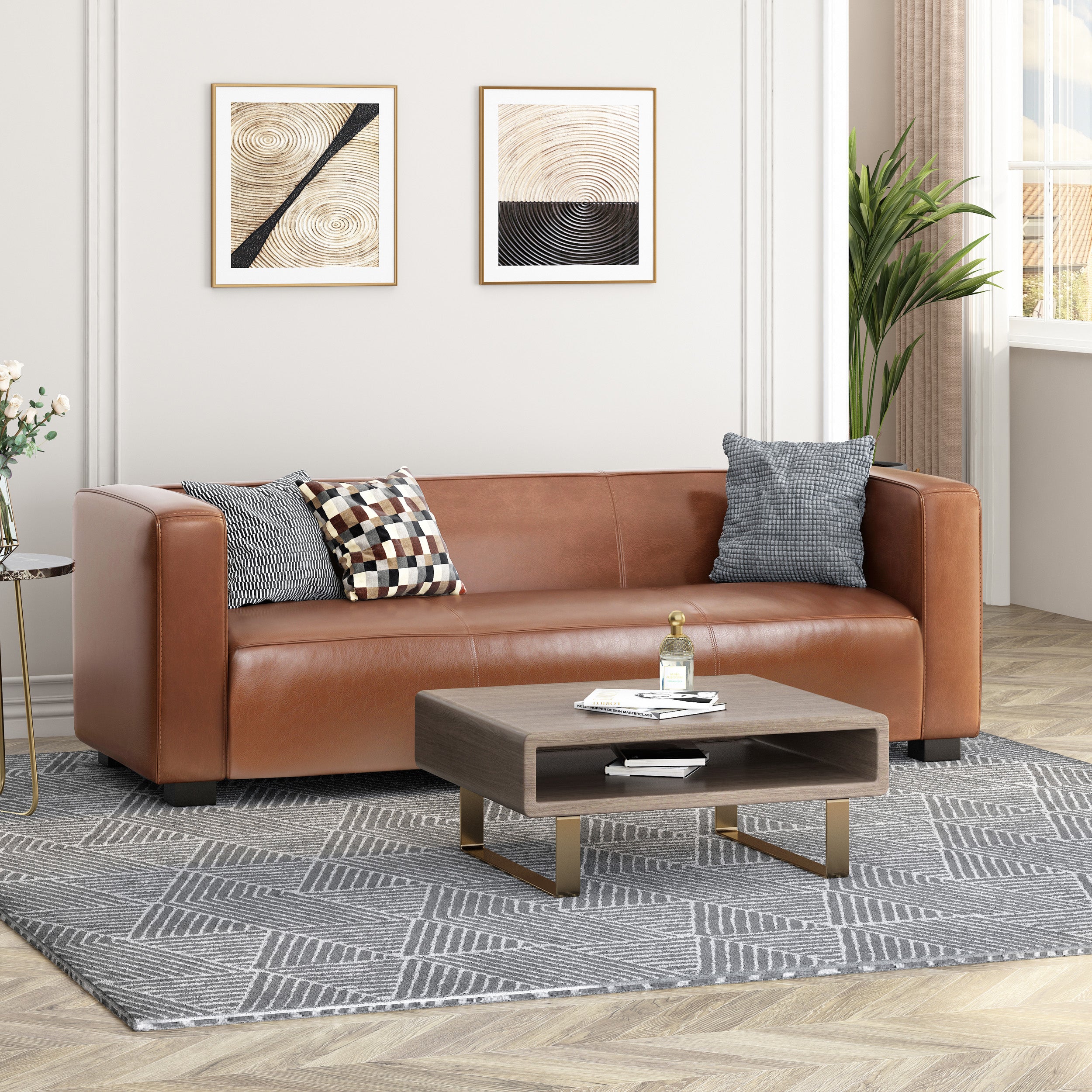 Light Brown Leather Sofa - Modern 3-Seater Living Room Couch With Plush Comfort, 80.25 Wide - Elegant Home Furniture