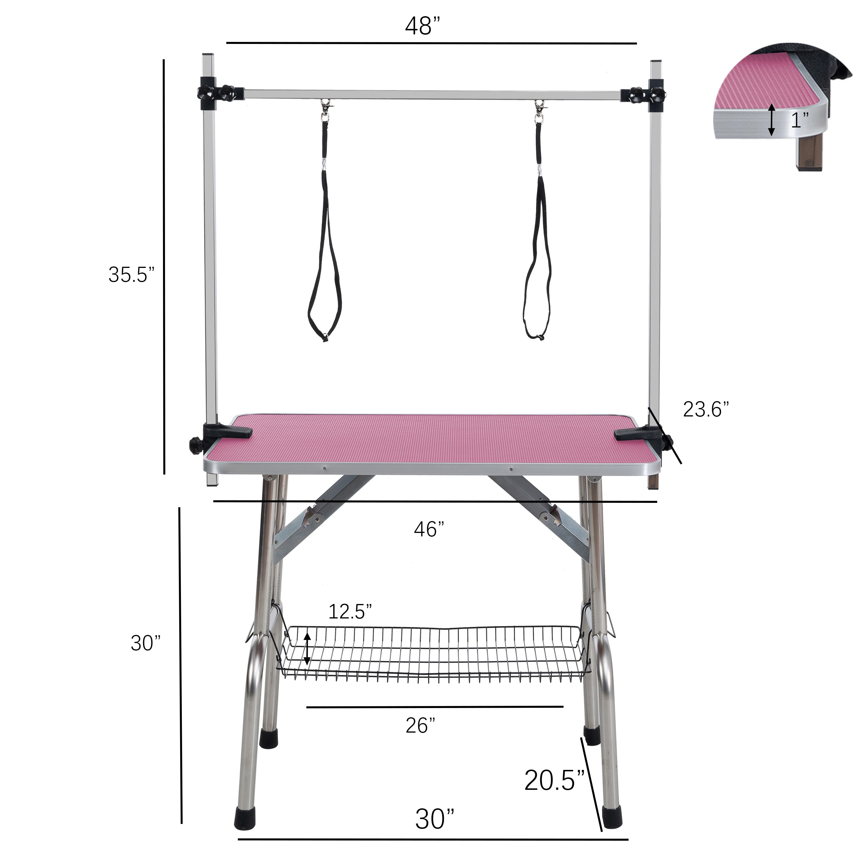 46  Folding Dog Pet Grooming Table Stainless Steel Frame Rubber Mat On Board With Adjustable Arm And Clamps Pet Dog Cat Grooming Table  PINK COLOR
