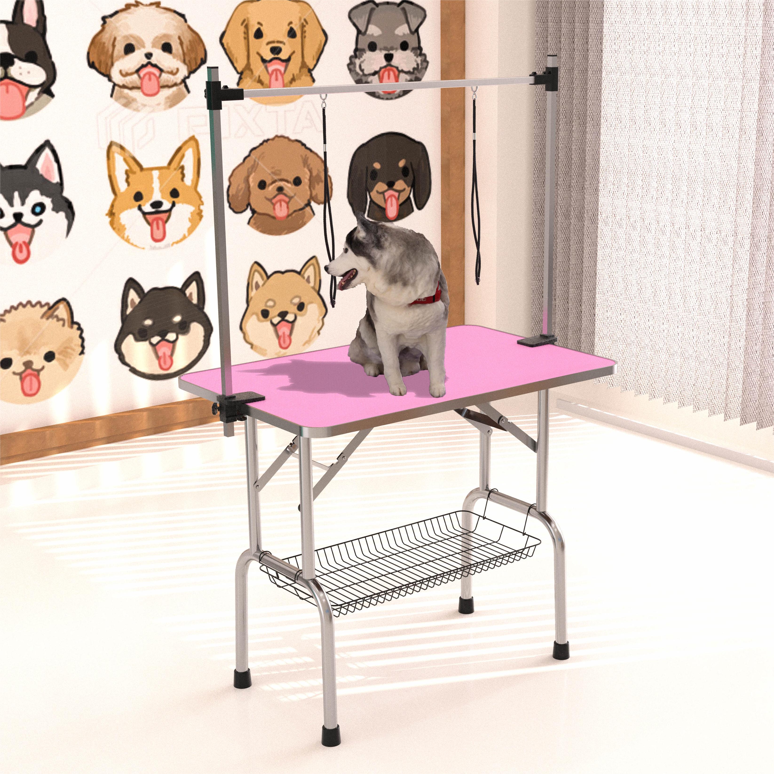 46  Folding Dog Pet Grooming Table Stainless Steel Frame Rubber Mat On Board With Adjustable Arm And Clamps Pet Dog Cat Grooming Table  PINK COLOR