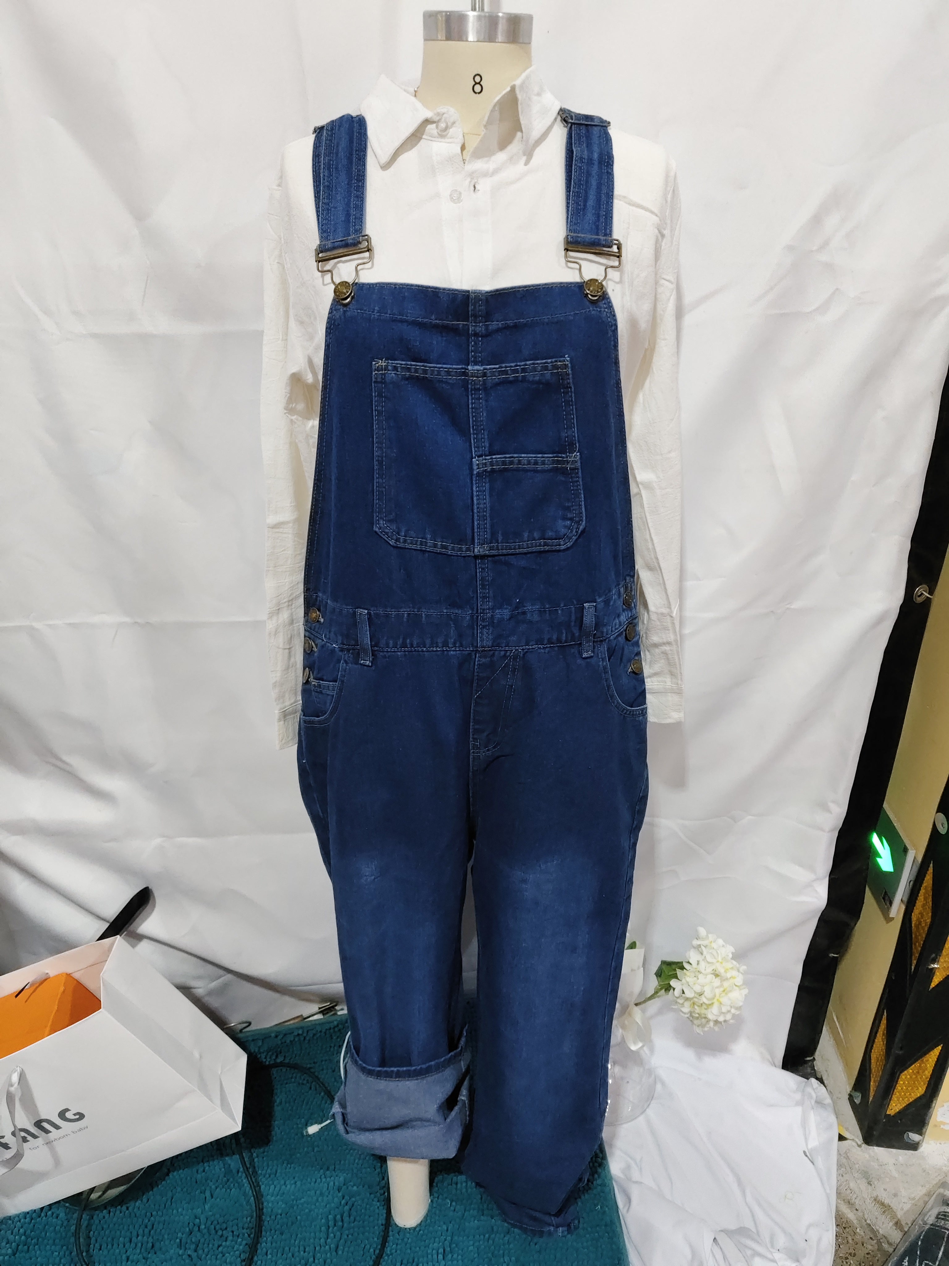Women's High-Waisted Jumpsuit Overalls With Pockets Loose Fit Denim Trousers Casual Straight Leg Pants