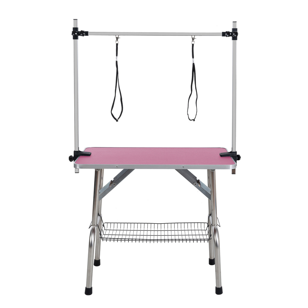 46  Folding Dog Pet Grooming Table Stainless Steel Frame Rubber Mat On Board With Adjustable Arm And Clamps Pet Dog Cat Grooming Table  PINK COLOR