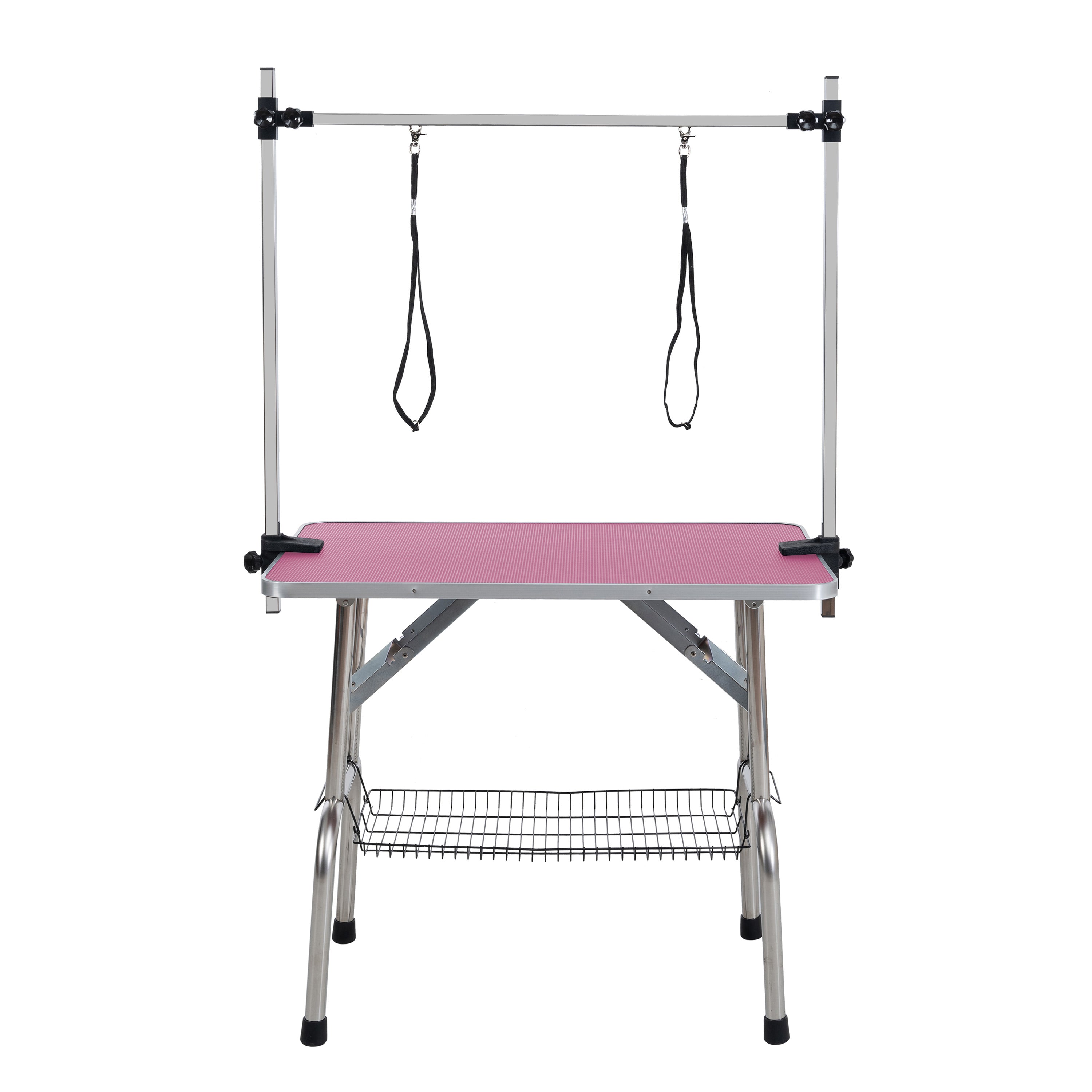 46  Folding Dog Pet Grooming Table Stainless Steel Frame Rubber Mat On Board With Adjustable Arm And Clamps Pet Dog Cat Grooming Table  PINK COLOR