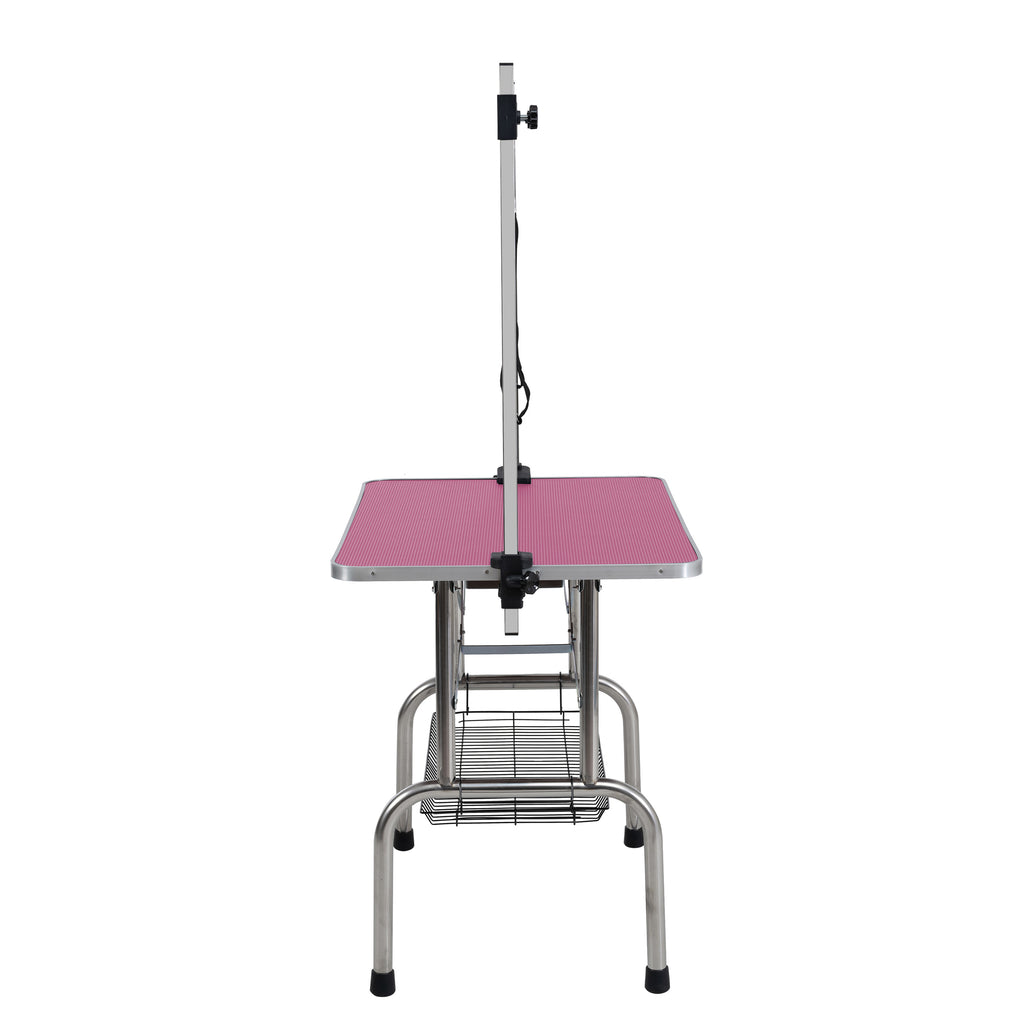 46  Folding Dog Pet Grooming Table Stainless Steel Frame Rubber Mat On Board With Adjustable Arm And Clamps Pet Dog Cat Grooming Table  PINK COLOR