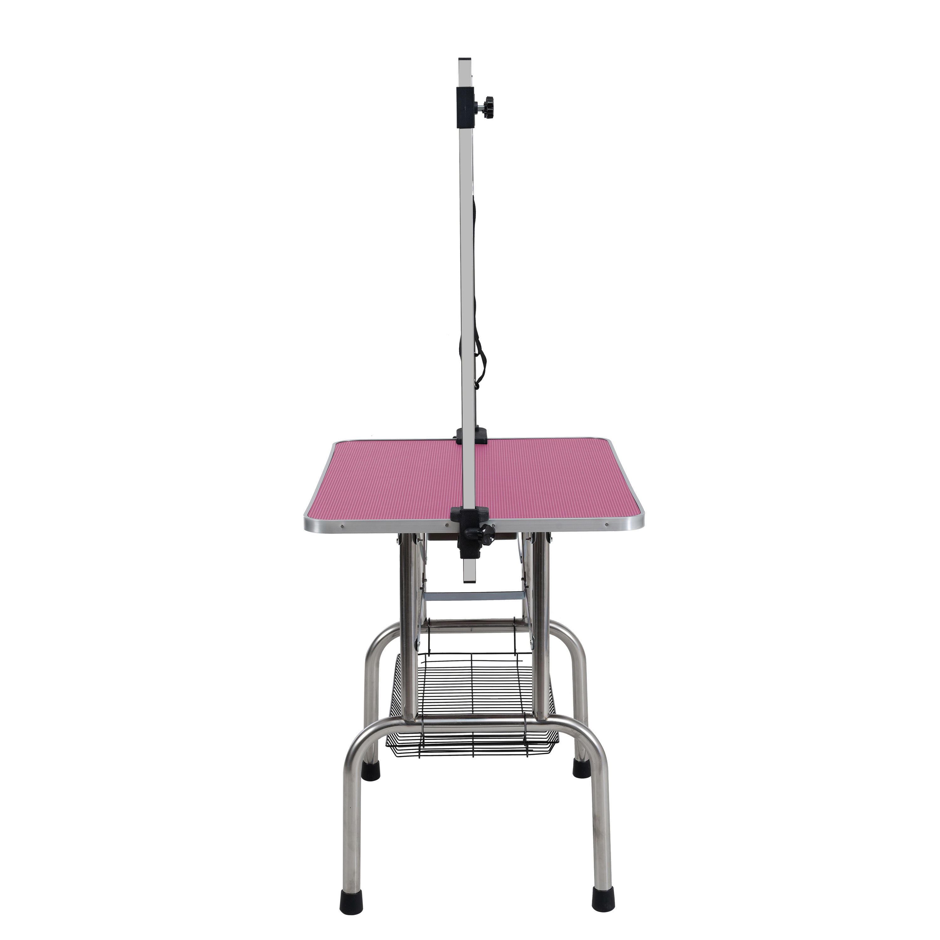 46  Folding Dog Pet Grooming Table Stainless Steel Frame Rubber Mat On Board With Adjustable Arm And Clamps Pet Dog Cat Grooming Table  PINK COLOR