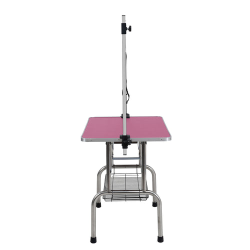 46  Folding Dog Pet Grooming Table Stainless Steel Frame Rubber Mat On Board With Adjustable Arm And Clamps Pet Dog Cat Grooming Table  PINK COLOR