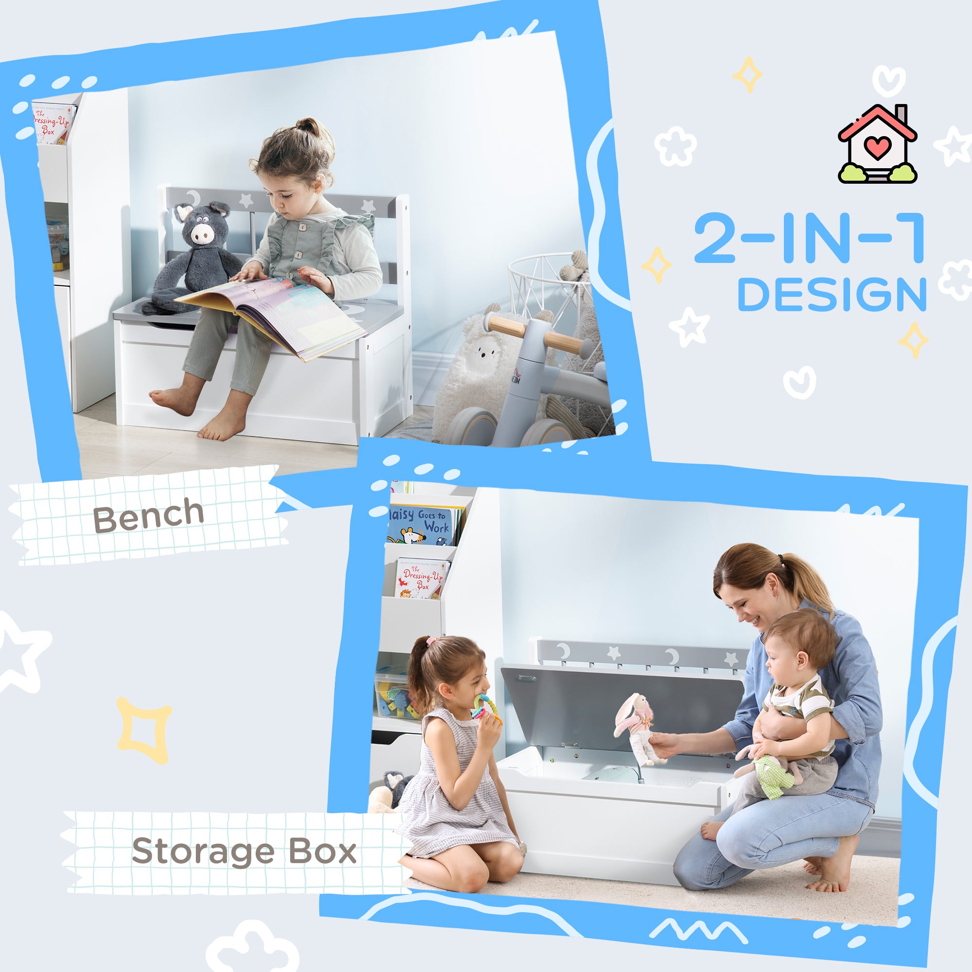 Toddler Toy Box Storage Bench with Large 27 L Interior, Kids Storage Bench Seat with Storage for Toddler Playroom Furniture, Kids Bedroom Furniture, Toy Organizer and Storage Bin, Gray